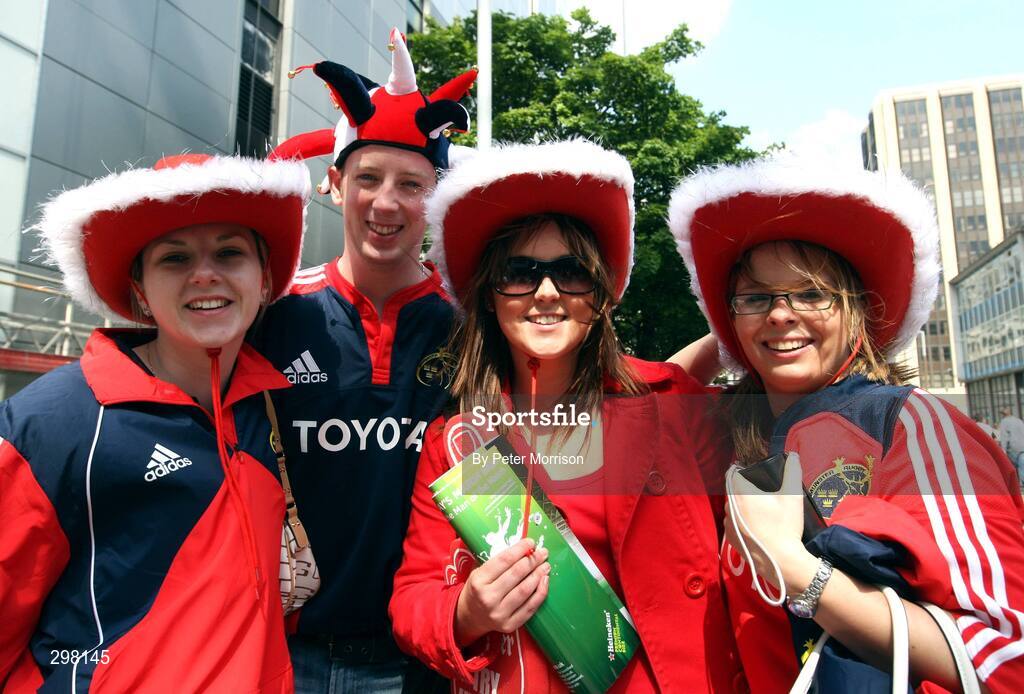 24 May 2008; Munster fans, from Highfield, Co. Cork,  from left, Caroline Noonin, Dereck Barrett, Emma Riouda and Naureen Connolly before the game. Heineken Cup Final, Munster v Toulouse, Millennium Stadium, Cardiff, Wales. Picture credit: Peter Morrison / SPORTSFILE