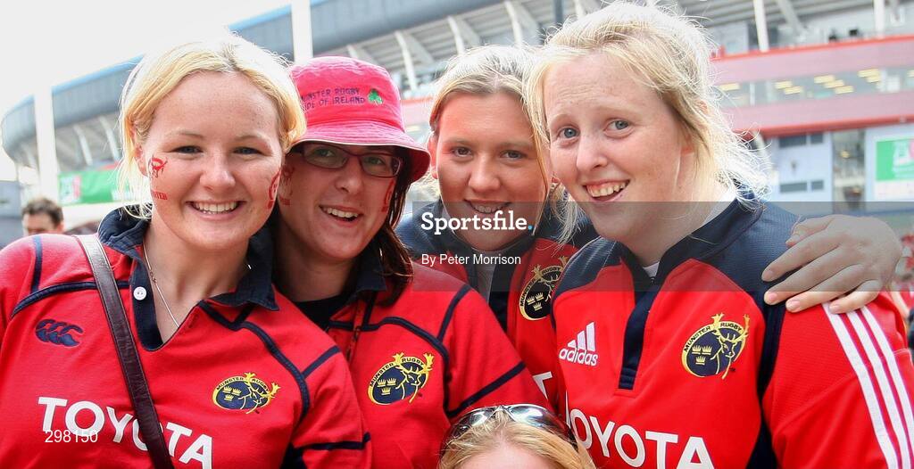 24 May 2008; Munster fans, from left, from Highfield, Co. Cork, Amy Wood, Fiona O Sullivan, Lisa and Jackie O Hea before the game. Heineken Cup Final, Munster v Toulouse, Millennium Stadium, Cardiff, Wales. Picture credit: Peter Morrison / SPORTSFILE