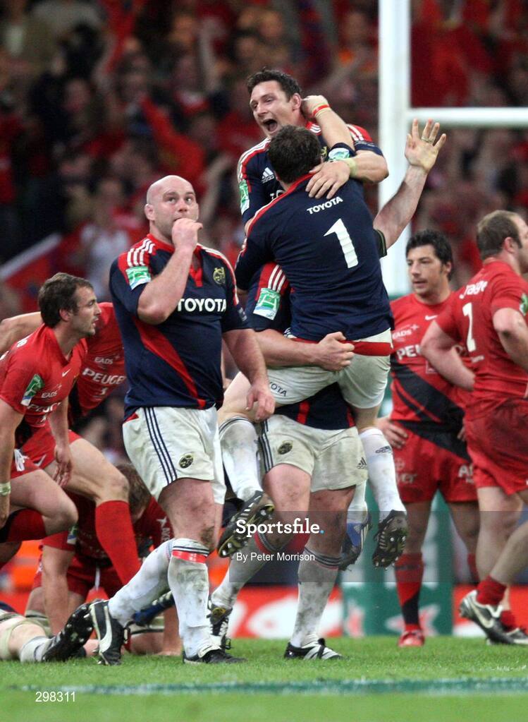 24 May 2008; Munster's David Wallace and Marcus Horan celebrate at the final whistle. Heineken Cup Final, Munster v Toulouse, Millennium Stadium, Cardiff, Wales. Picture credit: Peter Morrison / SPORTSFILE