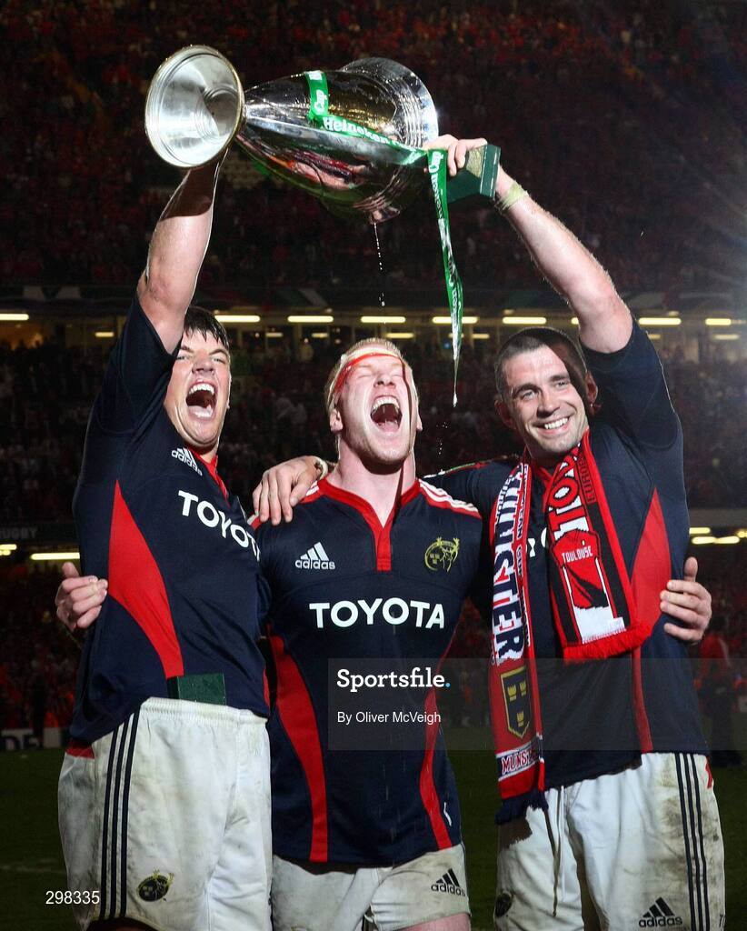 24 May 2008; Munster's Donncha O'Callaghan, Paul O'Connell and Alan Quinlan celebrate with the Heineken Cup. Heineken Cup Final, Munster v Toulouse, Millennium Stadium, Cardiff, Wales. Picture credit: Oliver McVeigh / SPORTSFILE