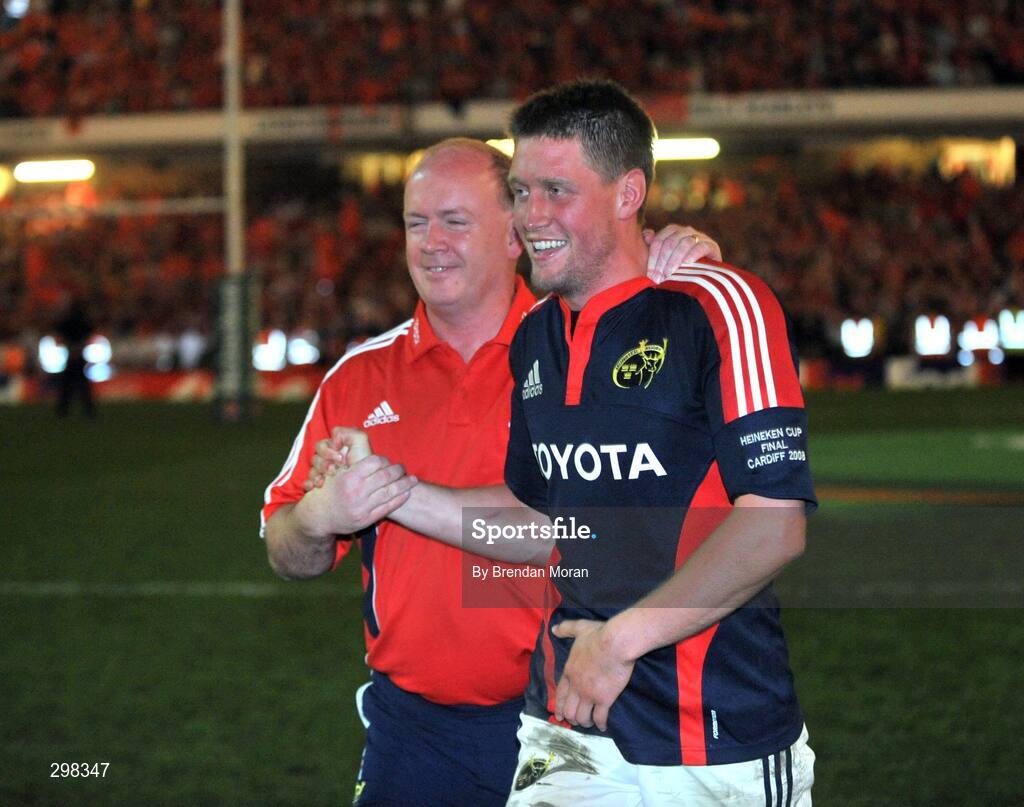 24 May 2008; Munster's Ronan O'Gara celebrates with head coach Declan Kidney. Heineken Cup Final, Munster v Toulouse, Millennium Stadium, Cardiff, Wales. Picture credit: Brendan Moran / SPORTSFILE