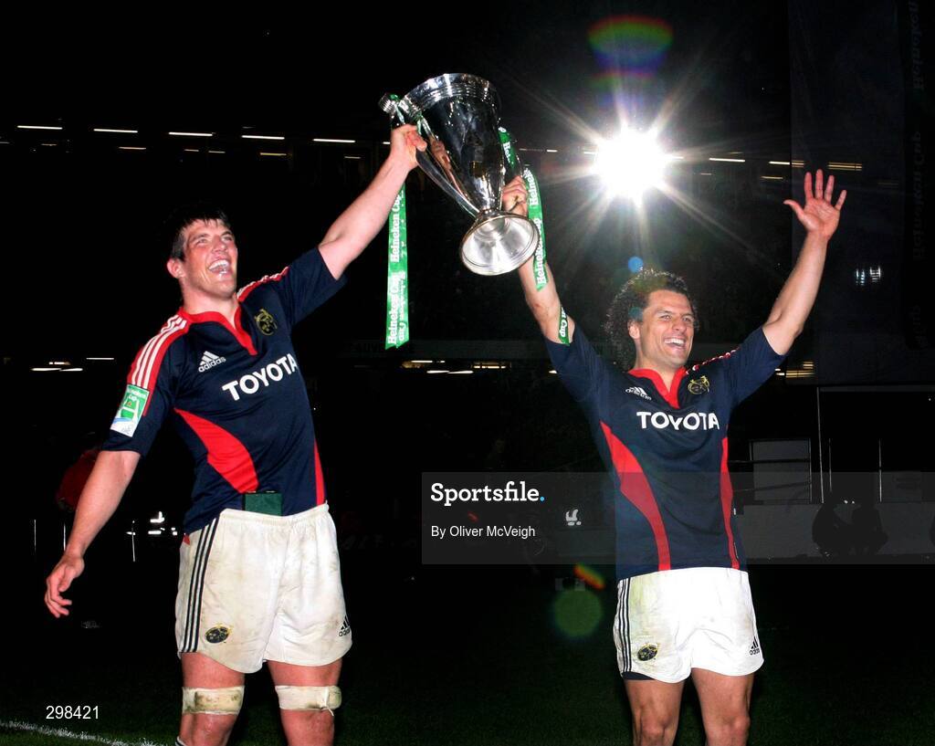 24 May 2008; Munster's Donncha O'Callaghan, left, and Doug Howlett celebrate with the Heineken cup. Heineken Cup Final, Munster v Toulouse, Millennium Stadium, Cardiff, Wales. Picture credit: Oliver McVeigh / SPORTSFILE