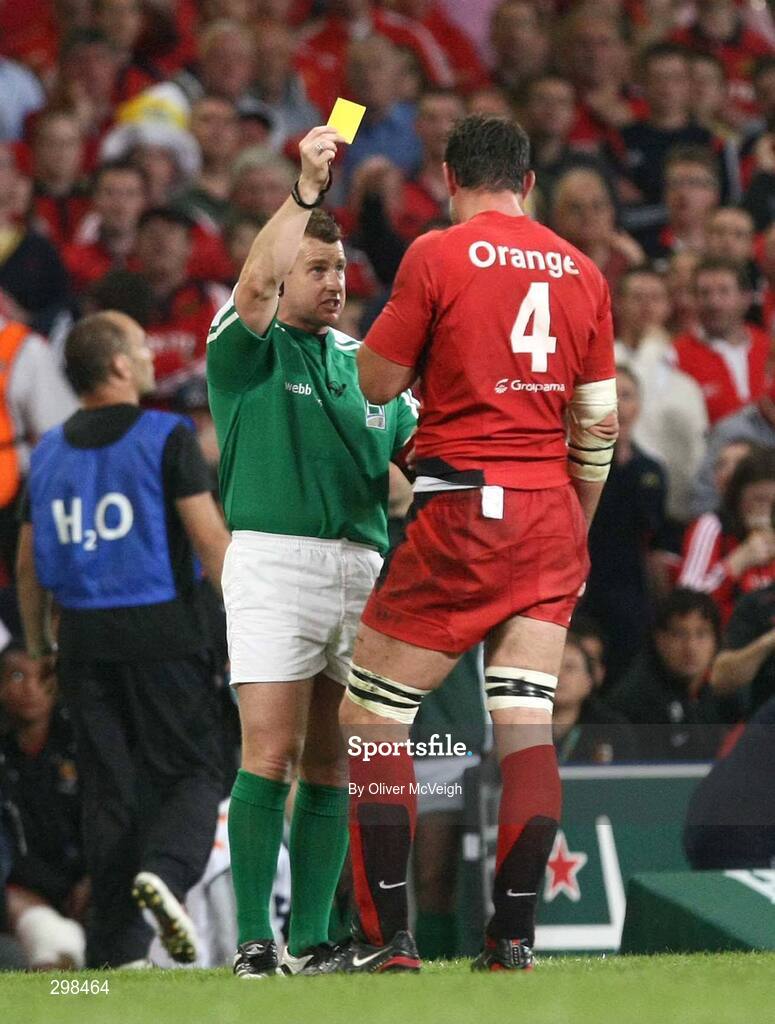 24 May 2008; Toulouse captain Fabien Pelous receives a yellow card from referee Nigel Owens. Heineken Cup Final, Munster v Toulouse, Millennium Stadium, Cardiff, Wales. Picture credit: Oliver McVeigh / SPORTSFILE