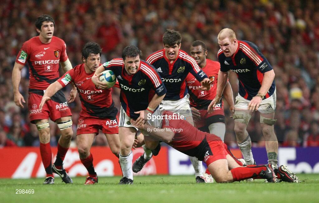 24 May 2008; Marcus Horan, Munster, is tackled by theirry Dusautoir, Toulouse. Heineken Cup Final, Munster v Toulouse, Millennium Stadium, Cardiff, Wales. Picture credit: Oliver McVeigh / SPORTSFILE