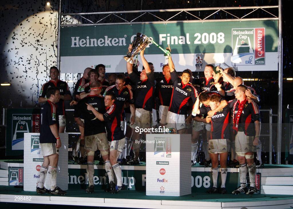 24 May 2008; The Munster squad celebrate with the Heineken Cup. Heineken Cup Final, Munster v Toulouse, Millennium Stadium, Cardiff, Wales. Picture credit: Richard Lane / SPORTSFILE