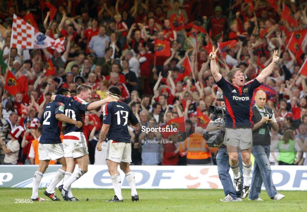 24 May 2008; Munster's Lifeimi Mafi, Ronan O'Gara, Rua Tipoki and Jerry Flannery celebrate victory. Heineken Cup Final, Munster v Toulouse, Millennium Stadium, Cardiff, Wales. Picture credit: Richard Lane / SPORTSFILE