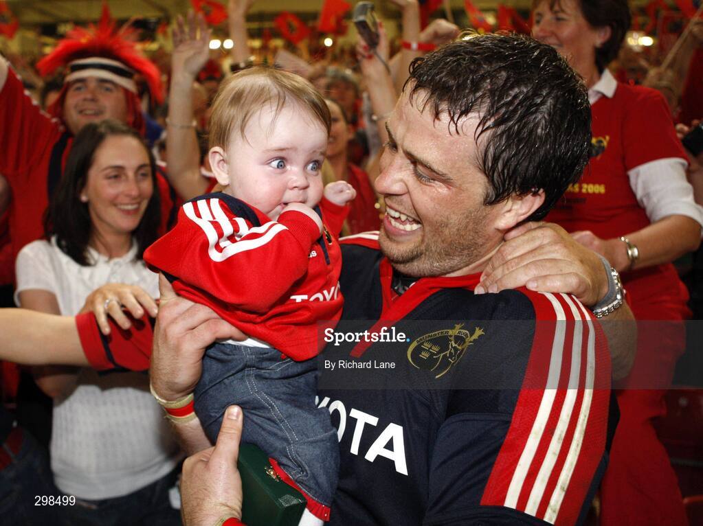 24 May 2008; Munster's Marcus Horan celebrates with his daughter Heather after victory over Toulouse. Heineken Cup Final, Munster v Toulouse, Millennium Stadium, Cardiff, Wales. Picture credit: Richard Lane / SPORTSFILE