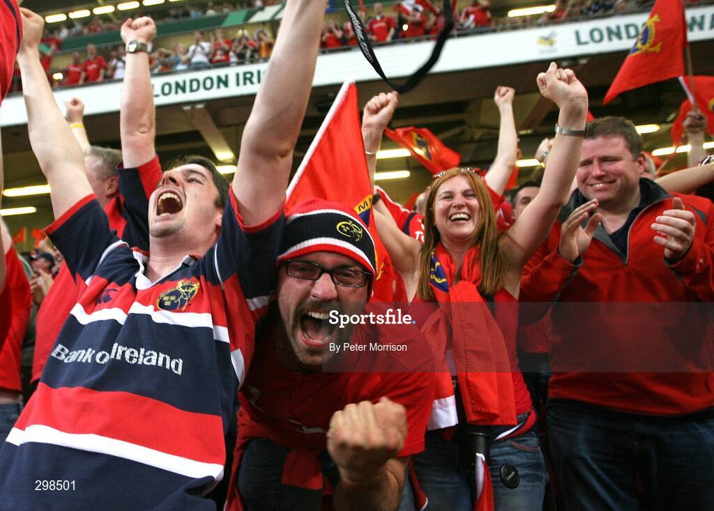 24 May 2008; Munster Fans celebrate at the final whistle. Heineken Cup Final, Munster v Toulouse, Millennium Stadium, Cardiff, Wales. Picture credit: Peter Morrison / SPORTSFILE