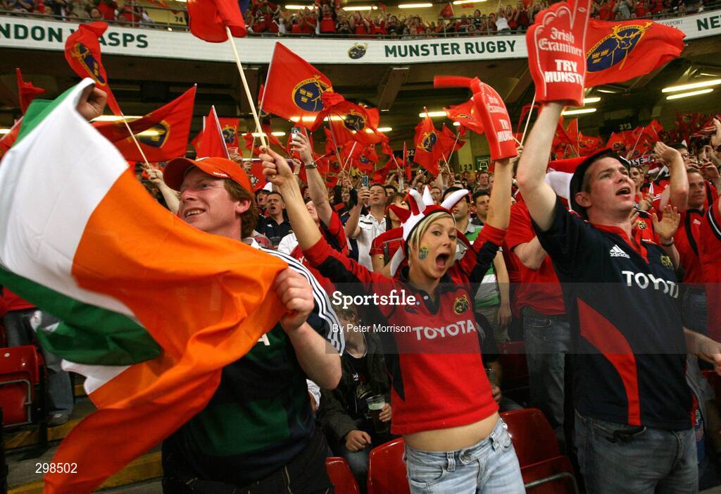 24 May 2008; Munster Fans celebrate at the final whistle. Heineken Cup Final, Munster v Toulouse, Millennium Stadium, Cardiff, Wales. Picture credit: Peter Morrison / SPORTSFILE