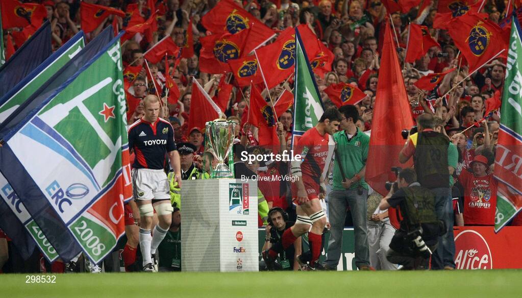 24 May 2008; Munster captain Paul O'Connell and Toulouse captain Fabien Pelous lead their teams out onto the pitch for the start of the game. Heineken Cup Final, Munster v Toulouse, Millennium Stadium, Cardiff, Wales. Picture credit: Oliver McVeigh / SPORTSFILE