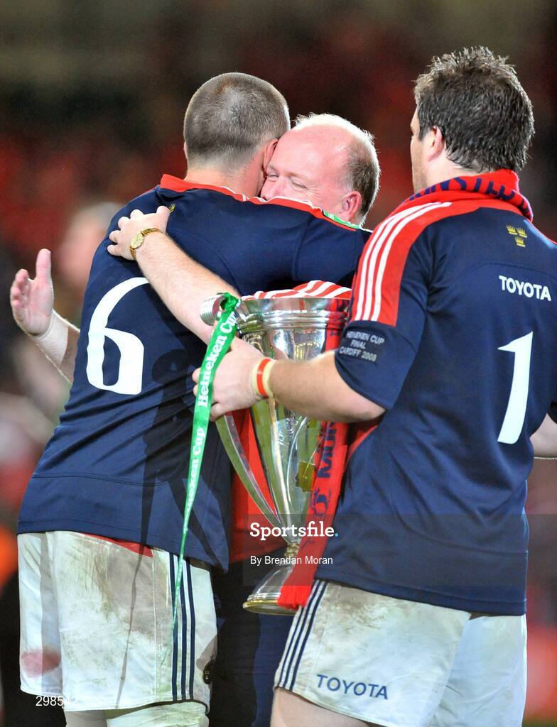 24 May 2008; Munster head coach Declan Kidney with Alan Quinlan, 6, and Marcus Horan after the game. Heineken Cup Final, Munster v Toulouse, Millennium Stadium, Cardiff, Wales. Picture credit: Brendan Moran / SPORTSFILE