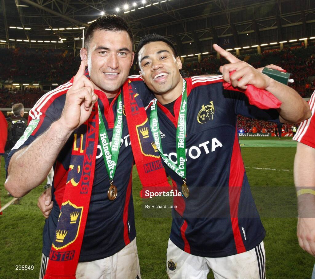 24 May 2008; Munster's Rua Tipoki, left, and Lifeimi Mafi celebrate after victory over Toulouse. Heineken Cup Final, Munster v Toulouse, Millennium Stadium, Cardiff, Wales. Picture credit: Richard Lane / SPORTSFILE