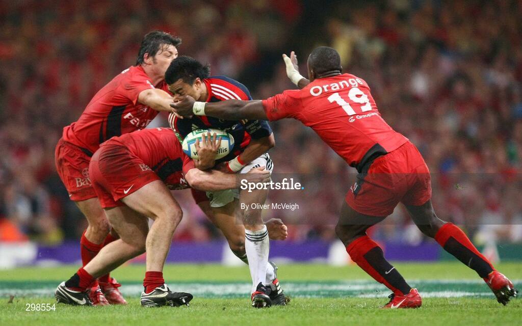 24 May 2008; Lifeimi Mafi, Munster, is tackled by William Servat and Yannick Nyanga, Toulouse. Heineken Cup Final, Munster v Toulouse, Millennium Stadium, Cardiff, Wales. Picture credit: Oliver McVeigh / SPORTSFILE
