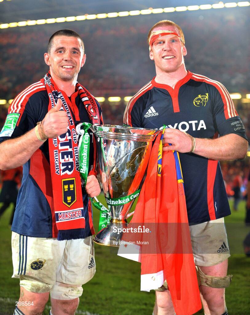 24 May 2008; Munster's Alan Quinlan and Paul O'Connell with the Heineken Cup after the game. Heineken Cup Final, Munster v Toulouse, Millennium Stadium, Cardiff, Wales. Picture credit: Brendan Moran / SPORTSFILE
