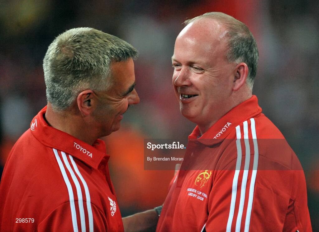 24 May 2008; Munster head coach Declan Kidney with trainer Dave Mahedy after the game. Heineken Cup Final, Munster v Toulouse, Millennium Stadium, Cardiff, Wales. Picture credit: Brendan Moran / SPORTSFILE