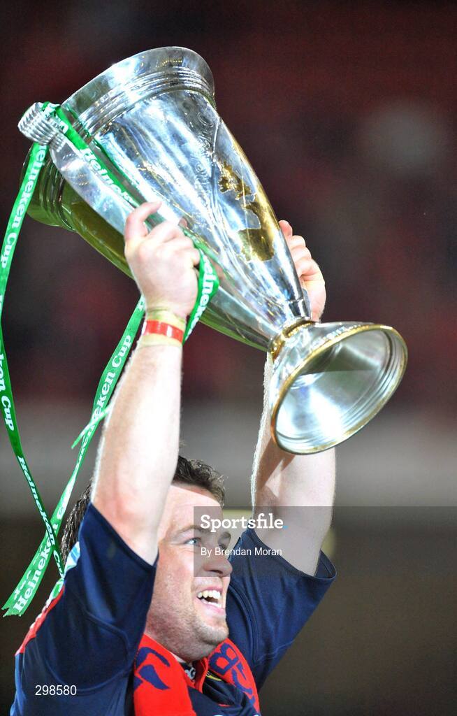 24 May 2008; Munster's Marcus Horan celebrates with the Heineken Cup after the game. Heineken Cup Final, Munster v Toulouse, Millennium Stadium, Cardiff, Wales. Picture credit: Brendan Moran / SPORTSFILE