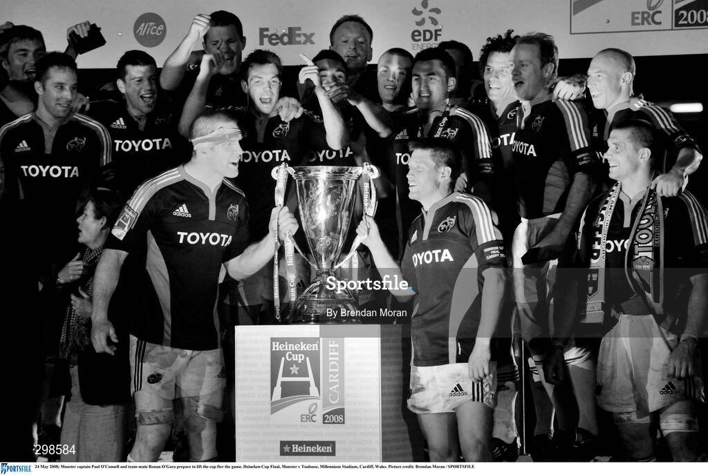 24 May 2008; Munster captain Paul O'Connell and team-mate Ronan O'Gara prepare to lift the cup after the game. Heineken Cup Final, Munster v Toulouse, Millennium Stadium, Cardiff, Wales. Picture credit: Brendan Moran / SPORTSFILE