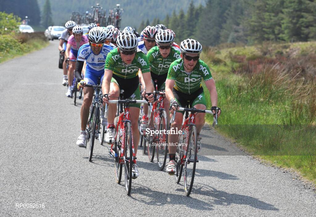 24 May 2008; Benny de Schrooder, left, Stephen Gallagher and Paidi O'Brien, right, An Post sponsored Sean Kelly team, lead a group of riders on the approach to the summit of Drumgoff. FBD Insurance Ras 2008 - Stage 7, Clonmel - Roundwood. Picture credit: Stephen McCarthy / SPORTSFILE