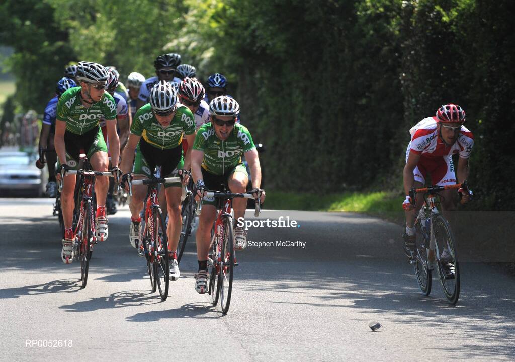 24 May 2008; An Post sponsored Sean Kelly team riders, from left, Stephen Gallagher, Benny de Schrooder and Paidi O'Brien control the break-away group as Wojciech Dybel, Poland National team tries to break away on his own. FBD Insurance Ras 2008 - Stage 7, Clonmel - Roundwood. Picture credit: Stephen McCarthy / SPORTSFILE