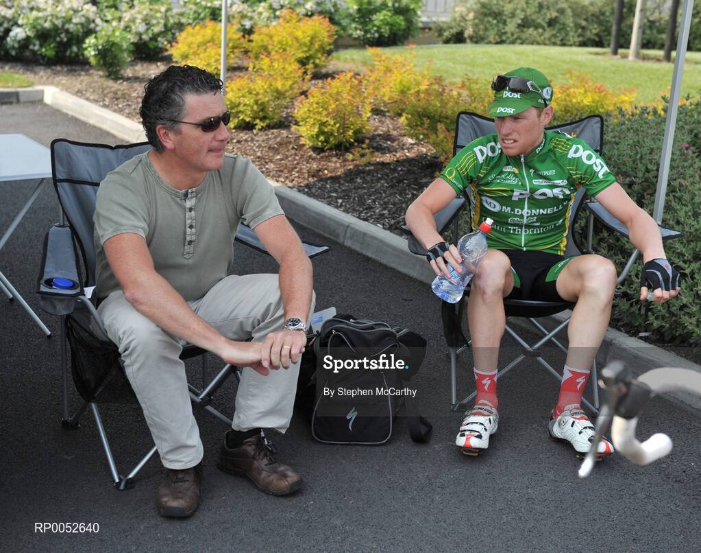 24 May 2008; Stephen Gallagher, An Post sponsored Sean Kelly team, speaking with former Ras winner Philip Cassidy before the race. FBD Insurance Ras 2008 - Stage 7, Clonmel - Roundwood. Picture credit: Stephen McCarthy / SPORTSFILE