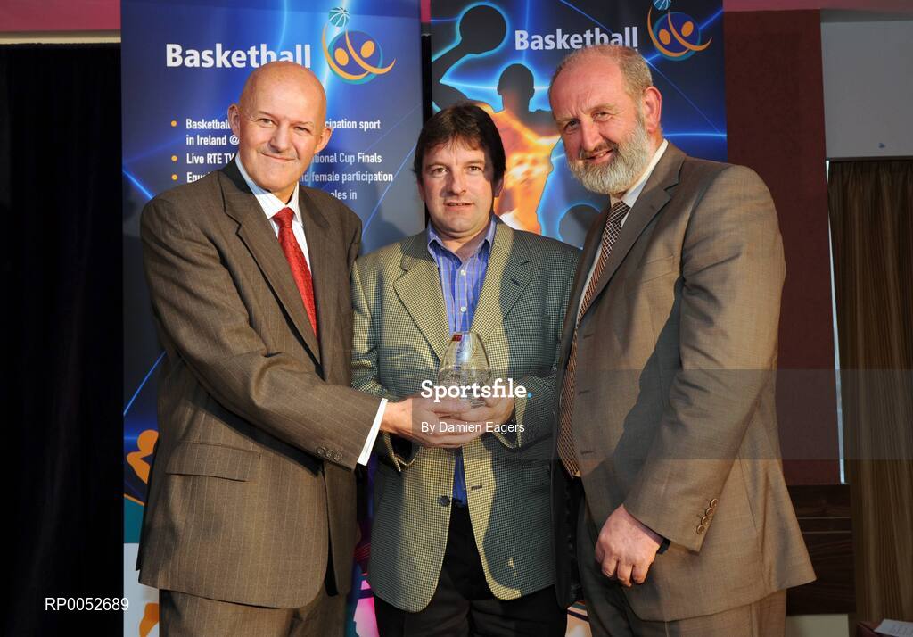 24 May 2008; Bernard Lynch is presented with the Male Superleague Coach of the Year Award on behalf of Mark Bernsen by Tony Colgan, President of Basketball Ireland, and Paul Meany at the Basketball Ireland annual awards. The Tower Hotel, Whitestown Way, Tallaght, Dublin. Picture credit: Damien Eagers / SPORTSFILE