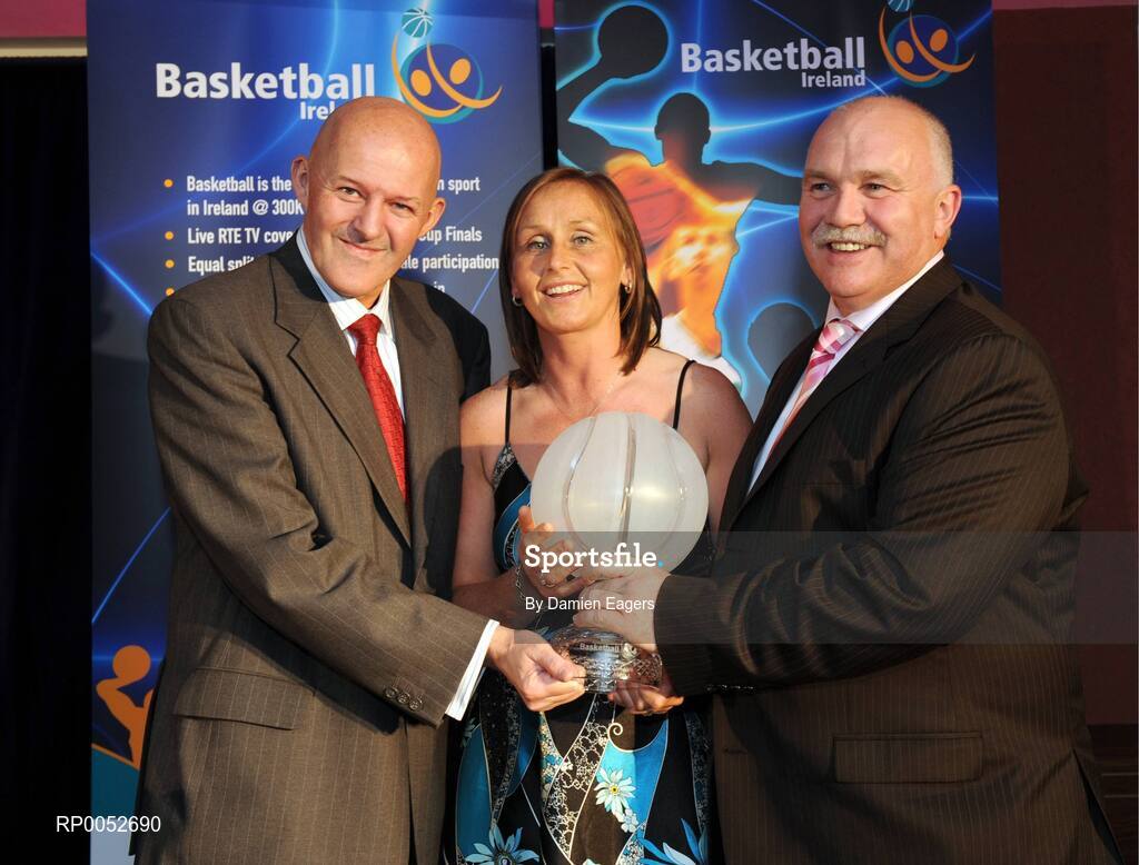 24 May 2008; Michelle Aspell, Waterford Wildcats, is presented with the Female Superleague Player of the Year Award by Tony Colgan, President of Basketball Ireland, and Sean O'Reilly at the Basketball Ireland annual awards. The Tower Hotel, Whitestown Way, Tallaght, Dublin. Picture credit: Damien Eagers / SPORTSFILE