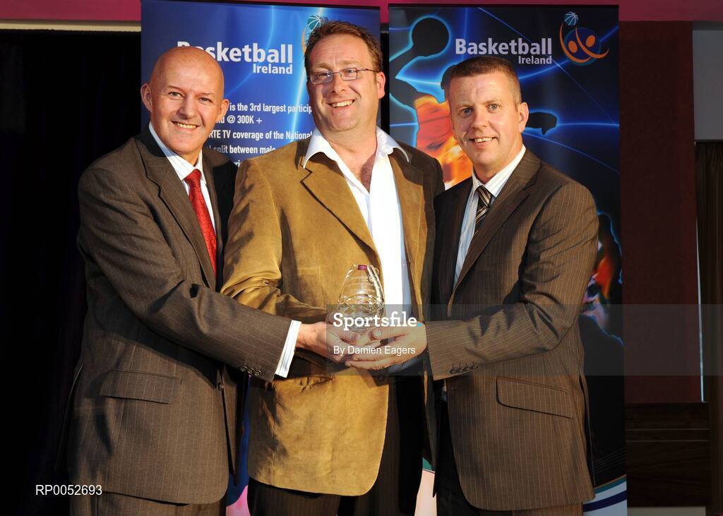 24 May 2008; Terry Staunton, Oblate Dynamos, is presented with the Women's Senior Coach of the Year Award by Tony Colgan, President of Basketball Ireland, and Tony Hehir at the Basketball Ireland annual awards. The Tower Hotel, Whitestown Way, Tallaght, Dublin. Picture credit: Damien Eagers / SPORTSFILE