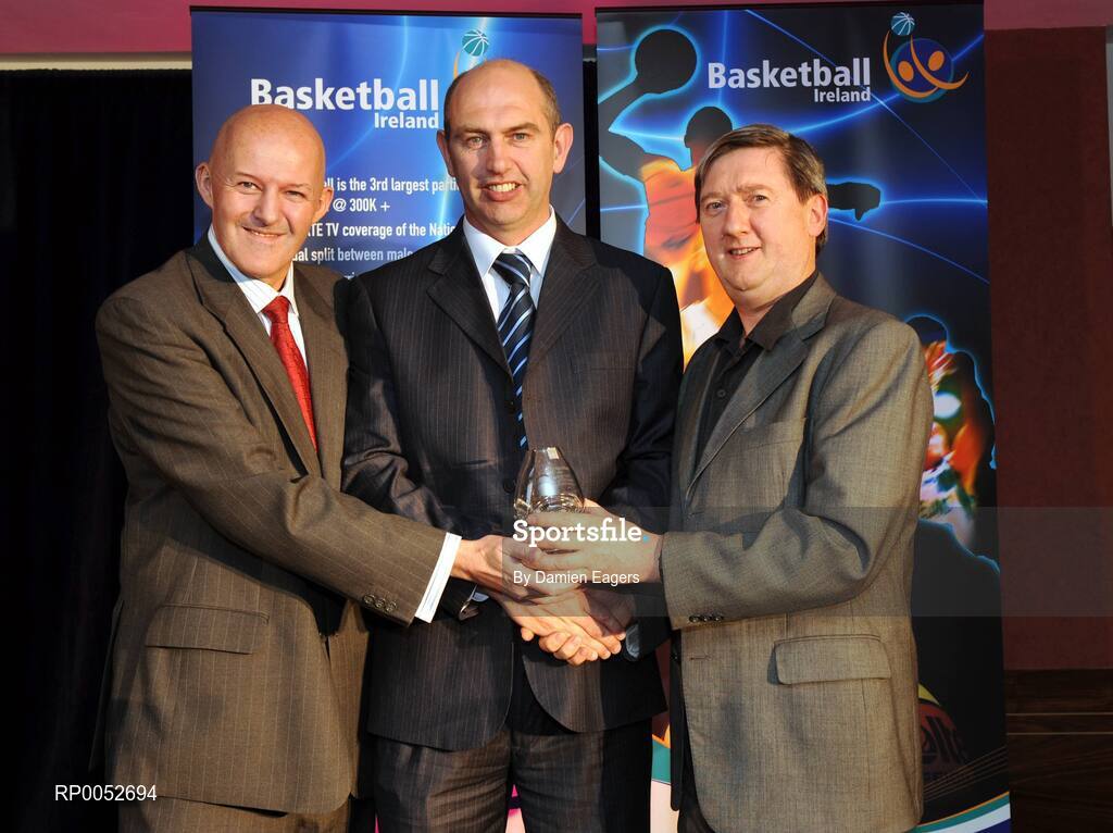 24 May 2008; Francis O'Sullivan, Colaiste Choilm Ballincollig, is presented with the Men's Underage Coach of the Year Award by Tony Colgan, President of Basketball Ireland, and Richard Finn at the Basketball Ireland annual awards. The Tower Hotel, Whitestown Way, Tallaght, Dublin. Picture credit: Damien Eagers / SPORTSFILE