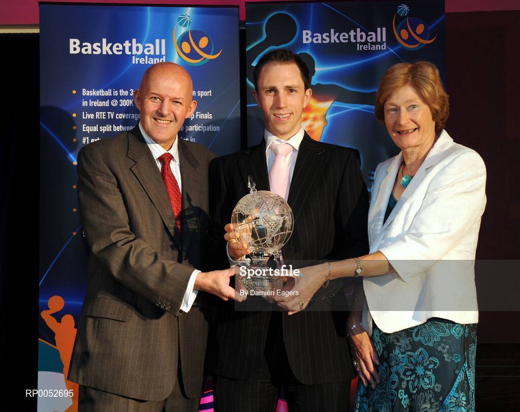24 May 2008; Emmet Donnelly, DCU Saints is presented with the Senior Men's International Award by Tony Colgan, President of Basketball Ireland and Sheila Gillick at the Basketball Ireland annual awards. The Tower Hotel, Whitestown Way, Tallaght, Dublin. Picture credit: Damien Eagers / SPORTSFILE