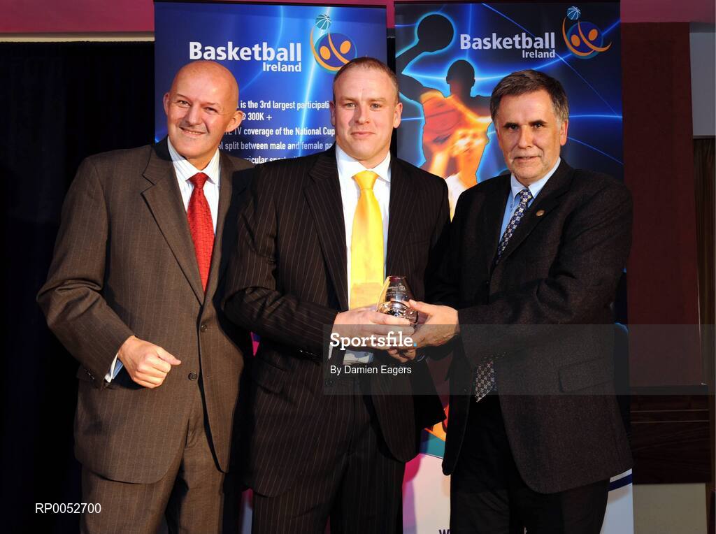 24 May 2008; Tom Quinn representing Cathy Molloy is presented with the Referee of the Year Award by Tony Colgan, President of Basketball Ireland, and Richard Dunne at the Basketball Ireland annual awards. The Tower Hotel, Whitestown Way, Tallaght, Dublin. Picture credit: Damien Eagers / SPORTSFILE