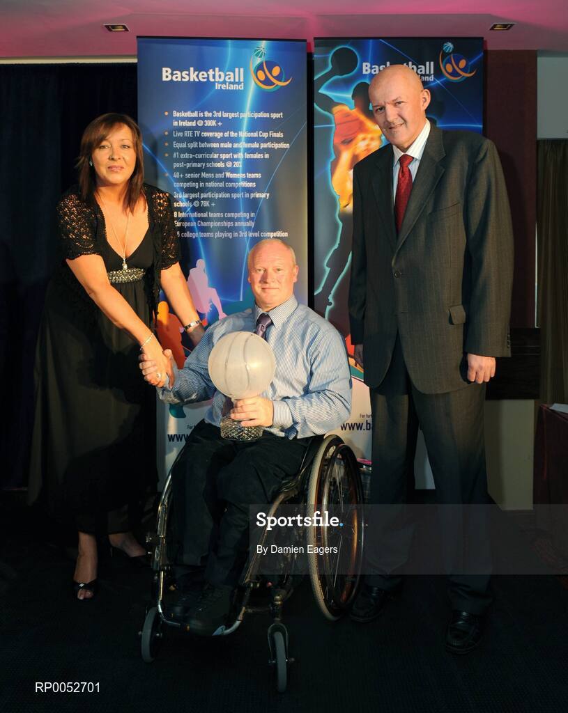 24 May 2008; Michael Cunningham is presented with the Wheelchair Player of the Year Award by Tony Colgan, President of Basketball Ireland, and Debbie Massey, CEO, Basketball Ireland at the Basketball Ireland annual awards. The Tower Hotel, Whitestown Way, Tallaght, Dublin. Picture credit: Damien Eagers / SPORTSFILE