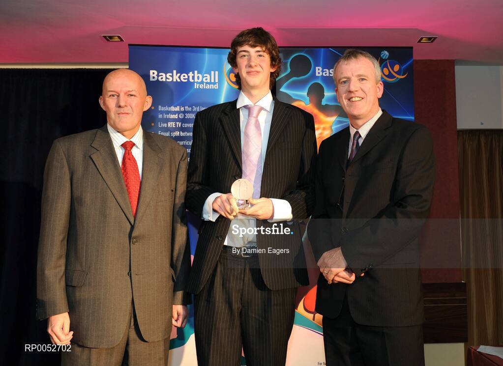 24 May 2008; Keelan Cairns, St Malacahy's College, Belfast, is presented with the Male U16 Player of the Year Award by Tony Colgan, President of Basketball Ireland, and Eddie Guilmartin at the Basketball Ireland annual awards. The Tower Hotel, Whitestown Way, Tallaght, Dublin. Picture credit: Damien Eagers / SPORTSFILE