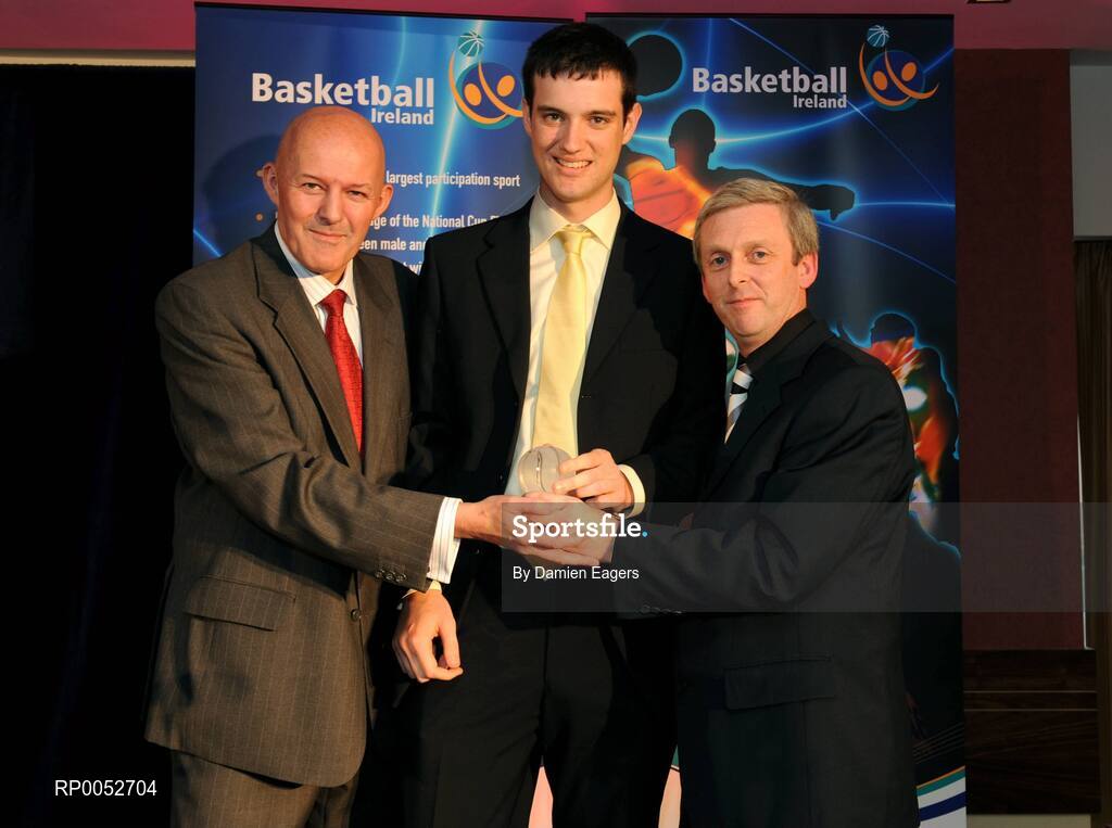 24 May 2008; Paul O'Brien, An Cearnod Nua, Moycullen, is presented with the Male U20 Player of the Year Award by Tony Colgan, President of Basketball Ireland and Timmy Murphy at the Basketball Ireland annual awards. The Tower Hotel, Whitestown Way, Tallaght, Dublin. Picture credit: Damien Eagers / SPORTSFILE