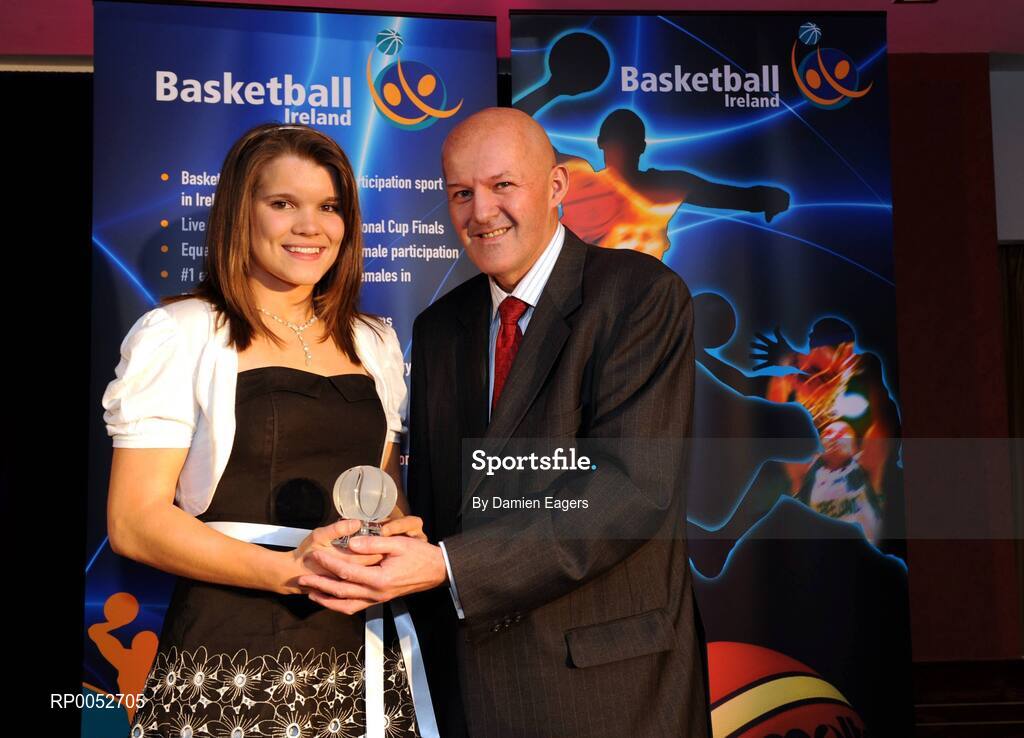 24 May 2008; Claire Rockall, Oranmore, is presented with the Female U20 Player of the Year Award by Tony Colgan, President of Basketball Ireland at the Basketball Ireland annual awards. The Tower Hotel, Whitestown Way, Tallaght, Dublin. Picture credit: Damien Eagers / SPORTSFILE