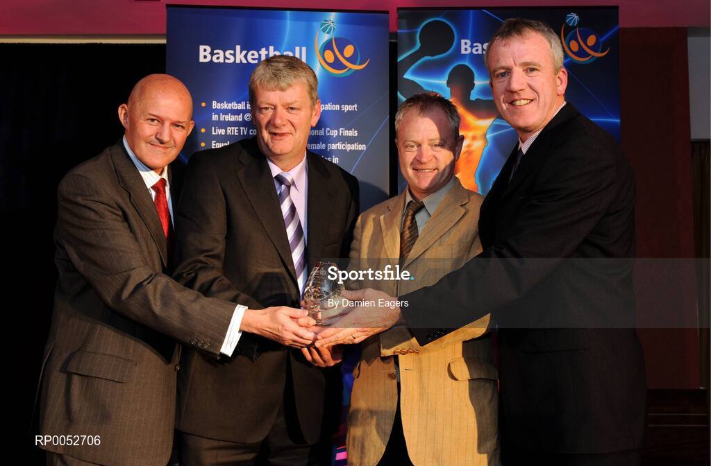 24 May 2008; Gerry Riordan and Pat Burke, Gort Community School, are presented with the Boys School of the Year Award by Tony Colgan, President of Basketball Ireland and Eddie Guilmartin at the Basketball Ireland annual awards. The Tower Hotel, Whitestown Way, Tallaght, Dublin. Picture credit: Damien Eagers / SPORTSFILE