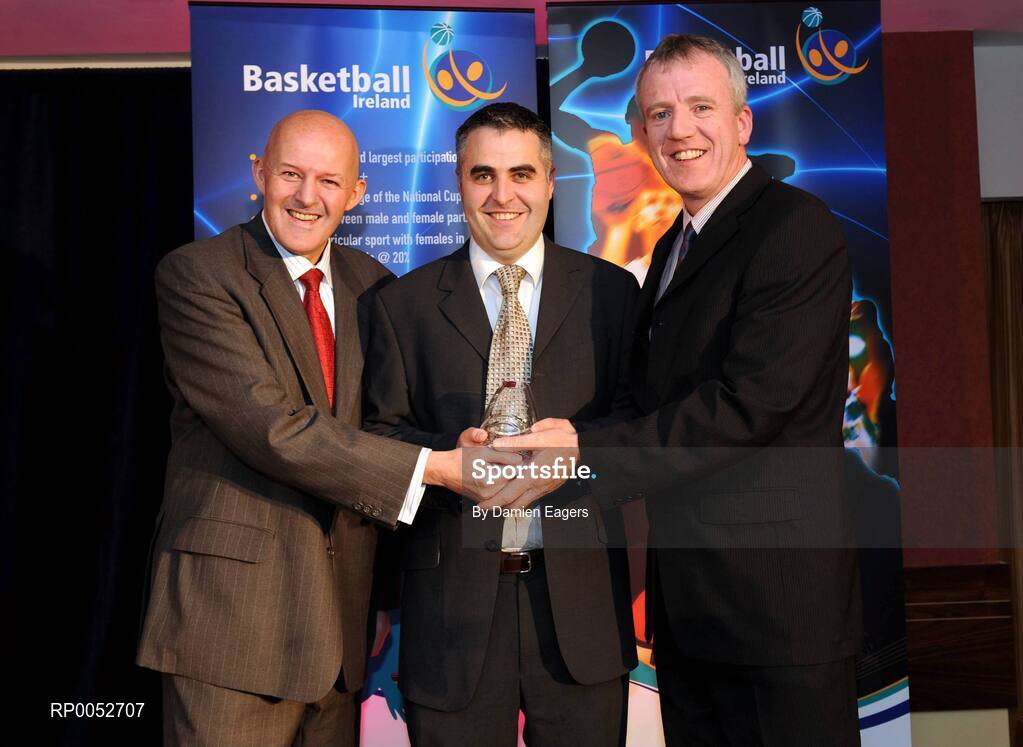 24 May 2008; Ronan Campbell, St Patrick's Academy Dungannon, is presented with the Girls School of the Year Award by Tony Colgan, President of Basketball Ireland and Eddie Guilmartin at the Basketball Ireland annual awards. The Tower Hotel, Whitestown Way, Tallaght, Dublin. Picture credit: Damien Eagers / SPORTSFILE