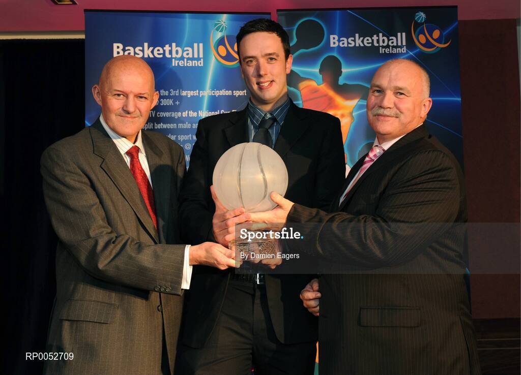 24 May 2008; Alan Kelly, Tolka Rovers, is presented with the Male Senior Player of the Year Award by Tony Colgan, President of Basketball Ireland, and Sean O'Reilly at the Basketball Ireland annual awards. The Tower Hotel, Whitestown Way, Tallaght, Dublin. Picture credit: Damien Eagers / SPORTSFILE