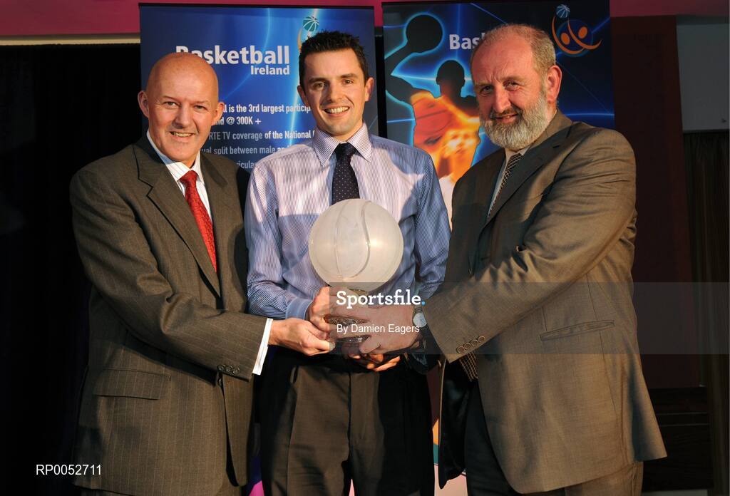 24 May 2008; Paddy Kelly, Dart Killester, is presented with the Male Superleague Player of the Year Award by Tony Colgan, President of Basketball Ireland, and Paul Meany at the Basketball Ireland annual awards. The Tower Hotel, Whitestown Way, Tallaght, Dublin. Picture credit: Damien Eagers / SPORTSFILE