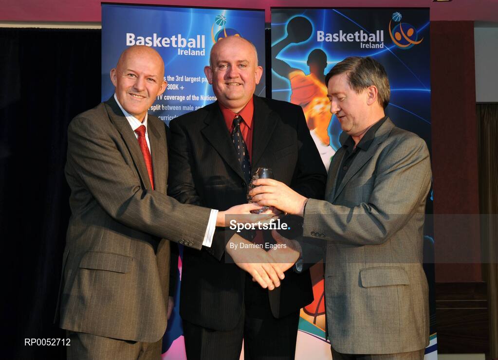 24 May 2008; Joe Shields, Oranmore, is presented with the Women's Underage Coach of the Year Award by Tony Colgan, President of Basketball Ireland, and Richard Finn at the Basketball Ireland annual awards. The Tower Hotel, Whitestown Way, Tallaght, Dublin. Picture credit: Damien Eagers / SPORTSFILE