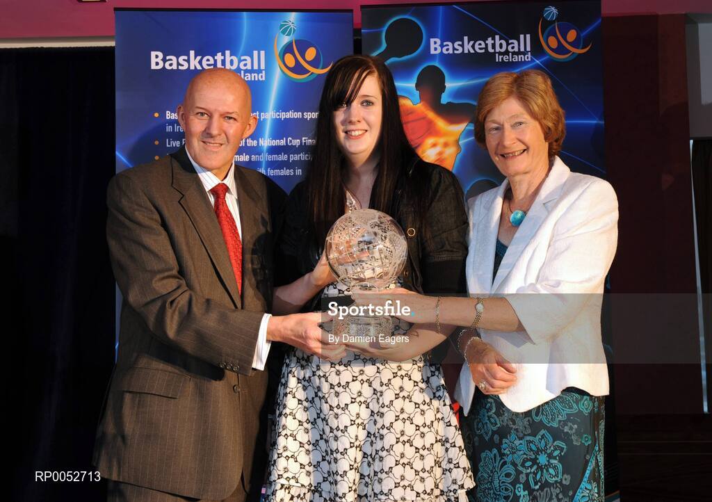 24 May 2008; Michelle Fahy accepting on behalf of Edel Fahy, team Montenotte Hotel, Cork, is presented with the Senior Women's International Award by Tony Colgan, President of Basketball Ireland, and Sheila Gillick at the Basketball Ireland annual awards. The Tower Hotel, Whitestown Way, Tallaght, Dublin. Picture credit: Damien Eagers / SPORTSFILE