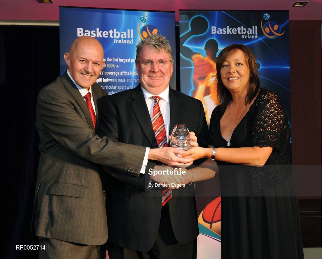 24 May 2008; John Coughlan, Evening Echo, is presented with the Media Award by Tony Colgan, President of Basketball Ireland, and Debbie Massey, CEO Basketball Ireland, at the Basketball Ireland annual awards. The Tower Hotel, Whitestown Way, Tallaght, Dublin. Picture credit: Damien Eagers / SPORTSFILE
