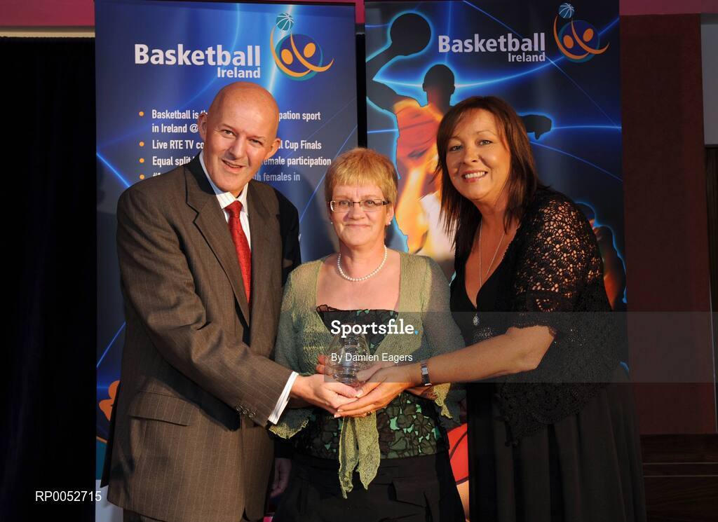 24 May 2008; Mary Flanagan, Rathcoole Rockets, is presented with the Volunteer Award by Tony Colgan, President of Basketball Ireland and Debbie Massey, CEO Basketball Ireland at the Basketball Ireland annual awards. The Tower Hotel, Whitestown Way, Tallaght, Dublin. Picture credit: Damien Eagers / SPORTSFILE
