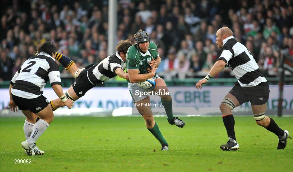 27 May 2008; Stephen Ferris, Ireland, in action against, from left, Sebastien Bruno, Craig Newby and Kriss Chesney, Barbarians. Representative game, Ireland v Barbarians, Kingsholm, Gloucester, England. Picture credit: Pat Murphy / SPORTSFILE *** Local Caption ***