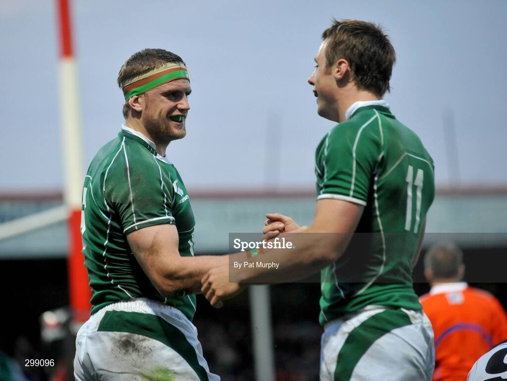 27 May 2008; Jamie Heaslip, Ireland, celebrates his side's fourth try with team-mate Tommy  Bowe, right. Representative game, Ireland v Barbarians, Kingsholm, Gloucester, England. Picture credit: Pat Murphy / SPORTSFILE *** Local Caption ***