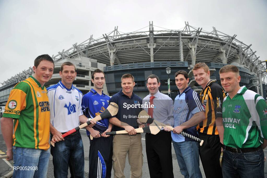 28 May 2008; GPA and Halifax have launched a new hurling initiative aimed at promoting the game in the non-traditional counties. The Hurling Twinning Programme will see counties from the Nicky Rackard Cup paired with their counterparts at McCarthy Cup level. At the launch are, from left, Danny Cullen, Donegal, Ken McGrath, Waterford, Andrew Nelligan, Cavan, GPA Chief Executive Dessie Farrell, Karl Manning, Director of Sales, Halifax, Kevin Flynn, Dublin, Richie Power, Kilkenny, and Ger McNally, Fermanag. Jury's Croke Park Hotel, Dublin. Picture credit: Brian Lawless / SPORTSFILE