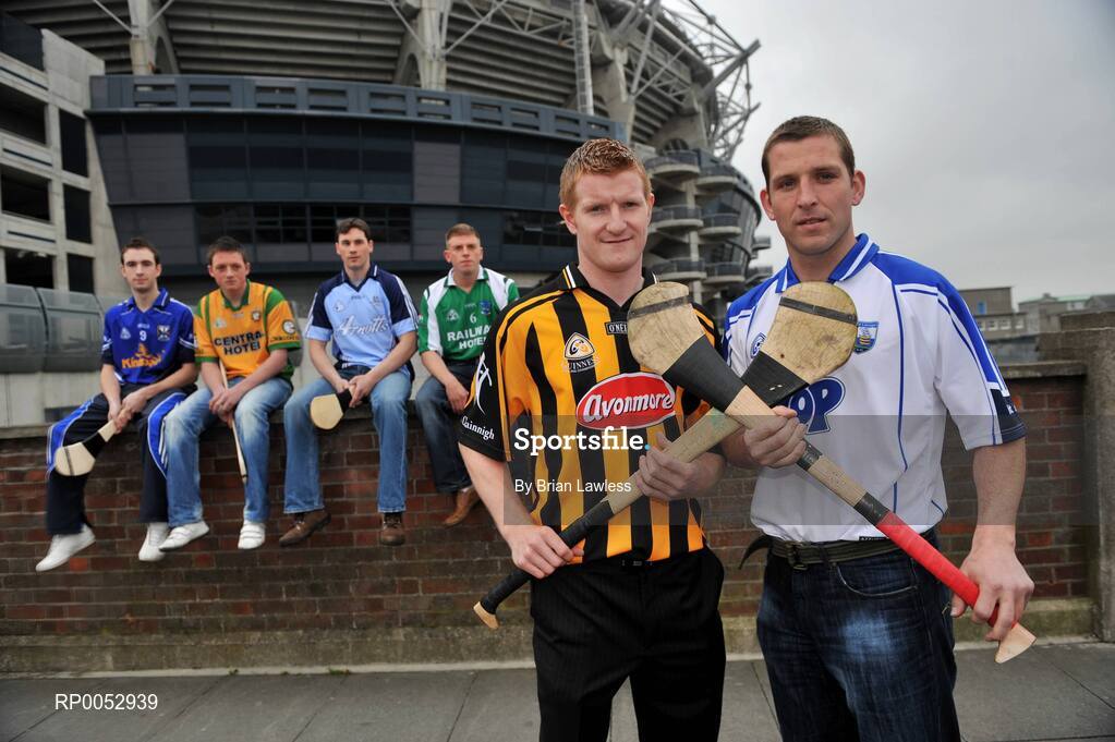 28 May 2008; GPA and Halifax have launched a new hurling initiative aimed at promoting the game in the non-traditional counties. The Hurling Twinning Programme will see counties from the Nicky Rackard Cup paired with their counterparts at McCarthy Cup level. At the launch are Waterford's Ken McGrath, right, and Kilkenny's Richie Power, with from left, Cavan's Andrew Nelligan, Donegal's Danny Cullen, Dublin's Kevin Flynn, and Fermanagh's Ger McNally. Jury's Croke Park Hotel, Dublin. Picture credit: Brian Lawless / SPORTSFILE