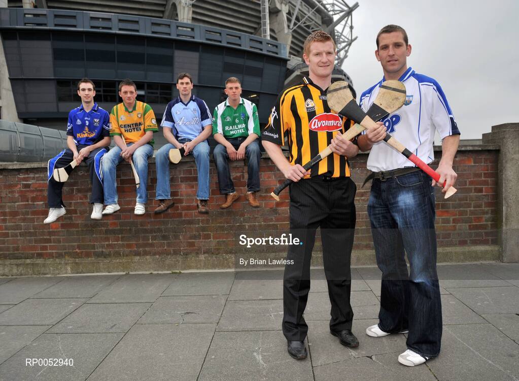 28 May 2008; GPA and Halifax have launched a new hurling initiative aimed at promoting the game in the non-traditional counties. The Hurling Twinning Programme will see counties from the Nicky Rackard Cup paired with their counterparts at McCarthy Cup level. At the launch are Waterford's Ken McGrath, right, and Kilkenny's Richie Power, with from left, Cavan's Andrew Nelligan, Donegal's Danny Cullen, Dublin's Kevin Flynn, and Fermanagh's Ger McNally. Jury's Croke Park Hotel, Dublin. Picture credit: Brian Lawless / SPORTSFILE