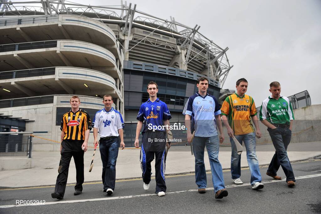 28 May 2008; GPA and Halifax have launched a new hurling initiative aimed at promoting the game in the non-traditional counties. The Hurling Twinning Programme will see counties from the Nicky Rackard Cup paired with their counterparts at McCarthy Cup level. At the launch are, from left, Kilkenny's Richie Power, Waterford's Ken McGrath, Cavan's Andrew Nelligan, Dublin's Kevin Flynn, Donegal's Danny Cullen, and Fermanagh's Ger McNally. Jury's Croke Park Hotel, Dublin. Picture credit: Brian Lawless / SPORTSFILE