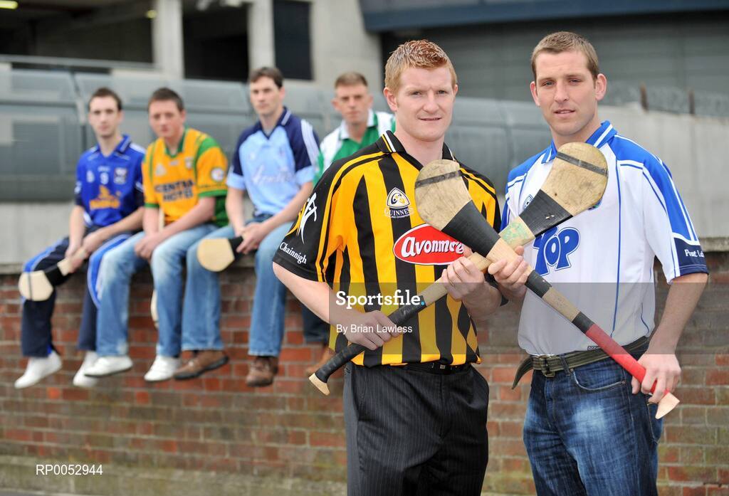 28 May 2008; GPA and Halifax have launched a new hurling initiative aimed at promoting the game in the non-traditional counties. The Hurling Twinning Programme will see counties from the Nicky Rackard Cup paired with their counterparts at McCarthy Cup level. At the launch are Waterford's Ken McGrath, right, and Kilkenny's Richie Power, with from left, Cavan's Andrew Nelligan, Donegal's Danny Cullen, Dublin's Kevin Flynn, and Fermanagh's Ger McNally. Jury's Croke Park Hotel, Dublin. Picture credit: Brian Lawless / SPORTSFILE
