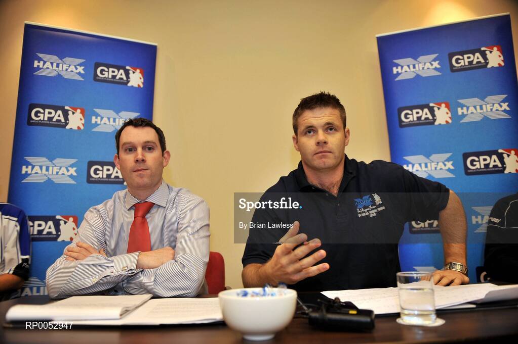28 May 2008; GPA and Halifax have launched a new hurling initiative aimed at promoting the game in the non-traditional counties. The Hurling Twinning Programme will see counties from the Nicky Rackard Cup paired with their counterparts at McCarthy Cup level. Speaking at the launch is GPA Chief Executive Dessie Farrell with Karl Manning, Director of Sales, Halifax. Jury's Croke Park Hotel, Dublin. Picture credit: Brian Lawless / SPORTSFILE
